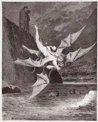 Die Göttliche Komödie (La Divina Commedia, La Divine Comédie), Inferno, Gesang 22: Alichino und Calcabrina ringen über dem Pech - von Dante Alighieri (1265-1321) - Illustration von Gustave Doré (1832-1883)