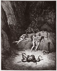 Die Göttliche Komödie (La Divina Commedia, La Divine Comédie), Inferno, 25. Gesang: Agnello verwandelt sich in eine Schlange - von Dante Alighieri (1265-1321) - Illustration von Gustave Doré (1832-1883)