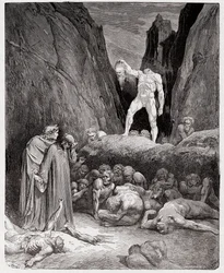 Die Göttliche Komödie, Inferno, Gesang 28: Der abgetrennte Kopf von Bertrand de Born spricht zu Dante - von Dante Alighieri (1265-1321) - Illustration von Gustave Doré (1832-1883)