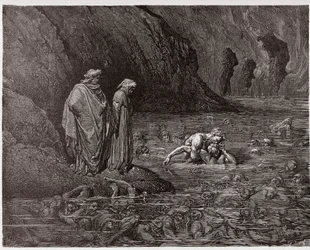 Die Göttliche Komödie, Inferno, Gesang 32: Ugolino nagt am Kopf von Erzbischof Ruggieri (Illustration von Gustave Doré)