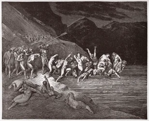 Die Göttliche Komödie, Inferno, Gesang 3: Die verdammten Seelen besteigen das Schiff, um den Acheron zu überqueren (Illustration von Gustave Doré)