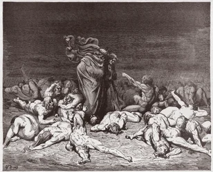 Die Göttliche Komödie, Inferno, Gesang 6: Die Gefräßigen werden von ewigem Regen gepeitscht (Illustration von Gustave Doré)