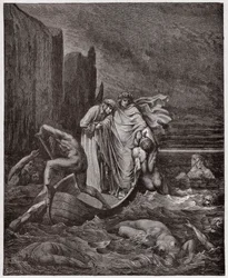 Die Göttliche Komödie, Inferno, Gesang 8: Die Seele des Florentiners Philippo Argenti begegnet den Dichtern am Styx - von Dante Alighieri (1265-1321) - Illustration von Gustave Doré (1832-1883)