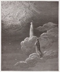 Die Göttliche Komödie (La Divina Commedia), Paradiso, Gesang 14: Dante und Beatrice werden in die Sphäre des Mars versetzt - von Dante Alighieri (1265-1321) - Illustration von Gustave Doré (1832-1883)