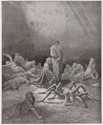 Die Göttliche Komödie, Purgatorio, Gesang 12: Dante betrachtet die Seele von Arachne - von Dante Alighieri (1265-1321) - Illustration von Gustave Doré (1832-1883)