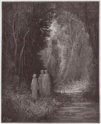 Die Göttliche Komödie (La Divina Commedia), Purgatorio, Gesang 28: Dante, Virgil und Statius im alten Wald des irdischen Paradieses - von Dante Alighieri (1265-1321) - Illustration von Gustave Doré (1832-1883)
