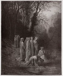 Die Göttliche Komödie (La Divina Commedia, La Divine Comédie), Purgatorium, 33. Gesang: Dante trinkt aus dem Fluss Eunoë - von Dante Alighieri (1265-1321) - Illustration von Gustave Doré (1832-1883)