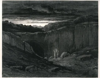 Die Hölle von Dante Alighieri aus der Göttlichen Komödie, illustriert von Gustave Doré. Französische Ausgabe von 1861. Dante und Vergil am Eingang zur Hölle: „Lasst, die ihr eintretet, alle Hoffnung fahren“, 3. Gesang, Vers 9.