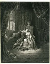 Die Hölle von Dante Alighieri (Die Göttliche Komödie) illustriert von Gustave Doré. Französische Ausgabe von 1861. Francesca da Rimini und ihr Liebhaber: „Quel giorno più non vi leggemo avante.“ (An diesem Tag lasen wir nicht weiter), Gesang 5, Vers 138
