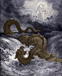 Der Leviathan, Seeungeheuer, das der Seeschlange in der Bibel ähnelt. Illustrationen der Bibel von Gustave Doré. Gravur des 19. Jahrhunderts.
