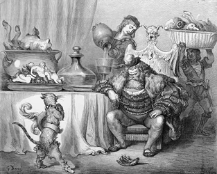 Der Menschenfresser empfängt den Kater, Illustration zu „Der gestiefelte Kater“ von Charles Perrault (1628-1703), 1883