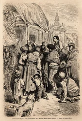 Die Ankunft der Postkutsche in einem Hotel in Santa Cruz de modela (Provinz Mancha), überfallen von Bettlern, die um Almosen bitten. Zeichnung von Gustave Dore (1832-1883). Gravur zur Illustration der Reise nach Spanien, 1862 von Charles Davillier und Gust