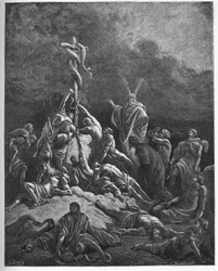 Die eherne Schlange - „Die eherne Schlange“ - Buch Exodus (Nahash), die Verwandlung des Stabes von Moses in eine Schlange - Moses und die eherne Schlange - Gravur in „Die illustrierte Bibel“ von Gustave Doré (1832-1883) - Gravur aus „Die Doré-Bibel“