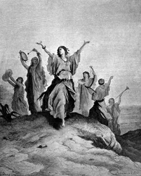 Die Tochter von Jephthah, dem Richter Israels, ging ihrem Vater entgegen. Illustration von Gustave Doré. Gravur des 19. Jahrhunderts