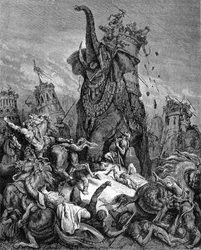 Der Tod des Eleasar Makkabäus (Makkabäer oder Makabäer), des jüngeren Bruders von Judas Makkabäus, unter der Herrschaft von Antiochos IV. Epiphanes (175-164 v. Chr.). Er wird von einem Elefanten zerquetscht. „Die Bibel“, illustriert von Gustave Doré.