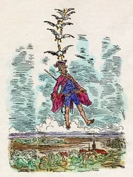 Die Enten heben den Baron von Münchhausen in die Luft. Illustration von Gustave Doré (1832-1883) für "Die wunderbaren Land- und Seeabenteuer des Barons von Münchhausen" von Rudolf Erich Raspe (1737-1794)