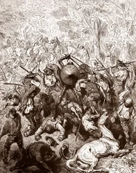 Der Kampf gegen die Maultiertreiber von Yanguas (Gravur von Gustave Doré für „Der sinnreiche Junker Don Quijote von der Mancha“ von Miguel de Cervantes 1863)