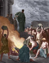 Die Prophezeiung des Paulus an Ephesus. Juden, die sich mit Exorzismus beschäftigten, verbrennen die Bücher. Illustration von Gustave Doré