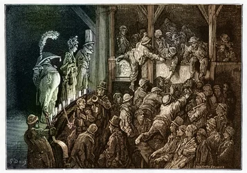 Theater: das Publikum während einer Theateraufführung. Farbige Gravur aus „London, eine Pilgerreise“ illustriert von Gustave Doré