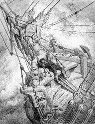 Der Geist des Südpols fordert weiterhin Rache für die Tötung des Albatros, und der Seemann wird zu Boden geworfen und fällt in Ohnmacht, Szene aus "Die Ballade vom alten Seemann" von S. T. Coleridge, veröffentlicht von Harper & Brothers, New York