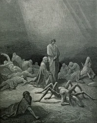 Virgil (70-19 v. Chr.) und Dante betrachten die Spinnenfrau, Illustration aus 