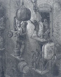 Lagerhäuser in der Stadt London. Aus Gustave Dore und Blanchard Jerrold London: A Pilgrimage London 1872.