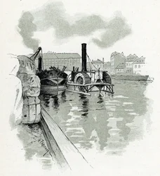 Boote im Hafen von La Villette, Paris Zeichnung von Gustave Fraipont (1849-1923) aus „La Seine à travers Paris“ von Saint-Juirs