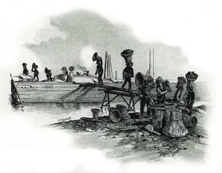 Kohlenentlader in den Schmieden von Ivry-sur-Seine (Hafenarbeiter beim Entladen von Steinkohle (oder Schwarzkohle) in den Schmieden von Ivry-sur-Seine) Zeichnung von Gustave Fraipont (1849-1923), nach Saint-Juirs