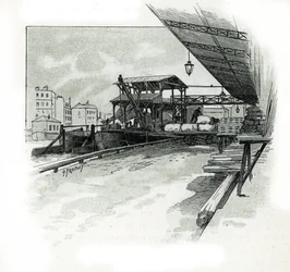 Docks des Hafens von La Villette, Paris. Zeichnung von Gustave Fraipont (1849-1923) aus „La Seine à travers Paris“ von Saint-Juirs