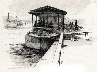 Embarcadère des Bateaux-Mouches (Bateaux-Mouches) auf der Seine, Paris. Zeichnung von Gustave Fraipont (1849-1923) aus Saint-Juirs