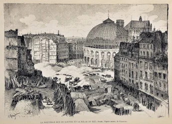 Die neue Rue du Louvre und die Halle au Blé in Paris im Jahr 1887. Illustration von Gustave Fraipont (1849-1923). Gravur von 1887 in „Paris-Illustrierte Wochenzeitung“.