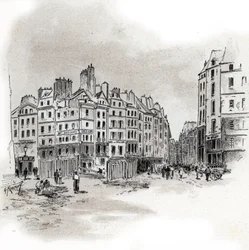 Ansicht des Place Maubert, Paris Zeichnung von Gustave Fraipont (1849-1923) aus „La Seine à travers Paris“ von Saint-Juirs