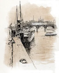 Ansicht der Gesellschaft Seine et Thames, deren Boote Paris und London verbinden Zeichnung von Gustave Fraipont (1849-1923) aus „La Seine à travers Paris“ von Saint-Juirs