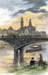 Ansicht der Fußgängerbrücke von Passy (heute Brücke von Bir-Hakeim) in Paris. Zeichnung von Gustave Fraipont (1849-1923) aus Saint-Juirs