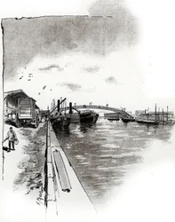 Blick auf die Fußgängerbrücke des Canal de la Villette, Paris