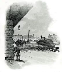 Ansicht der Lagerhäuser des Hafens von La Villette in Paris (Bootshäuser und Schuppen des Hafens von La Villette, Paris) Zeichnung von Gustave Fraipont (1849-1923) aus „La Seine à travers Paris“ von Saint-Juirs