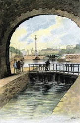 Ansicht der Schleuse des Canal Saint Martin in Paris. Zeichnung von Gustave Fraipont (1849-1923) aus „La Seine à travers Paris“ von Saint-Juirs