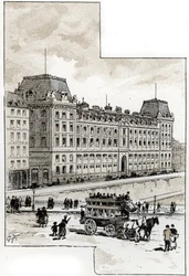 Ansicht des Polizeipräsidiums am Quai des Orfèvres, Paris. Zeichnung von Gustave Fraipont (1849-1923) aus Saint-Juirs