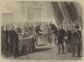 Baron Ricasoli präsentiert dem König von Sardinien das Ergebnis der Abstimmung zur Annexion in der Toskana