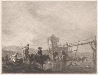 Ruhende und schwimmende Figuren am Ufer