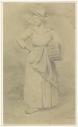 Stehende Magd mit einem Korb unter dem Arm