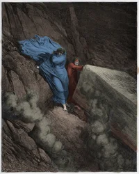 Inferno, Gesang 11: Das brennende Grab von Papst Anastasius II (Anastase II), Illustration aus Die Göttliche Komödie von Dante Alighieri, 1885 (digital koloriert)