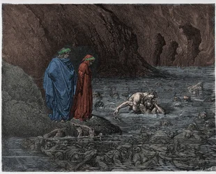 Inferno, 32. Gesang: Ugolino (Ugolin della Gherardesca) nagt am Kopf von Erzbischof Ruggieri (Ruggeri Ubaldini), Illustration aus der Göttlichen Komödie von Dante Alighieri, 1885