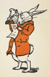 Illustration des Weißen Kaninchens in einer roten Jacke, das eine große Glocke läutet und liest