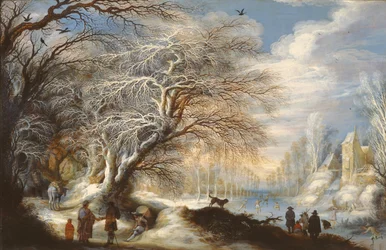 Schlittschuhläufer auf einem Kanal oder Winterlandschaft