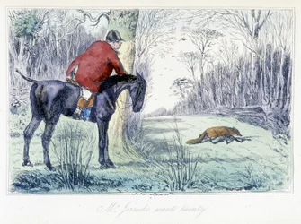 Reitszene bei der Jagd. Englische Karikatur über die Fuchsjagd aus den "Abenteuern von Thomas Scott oder Hawbuck Grange", Illustration von H.K. Browne und W.T. Maud.