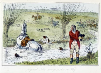 Jäger und sein Pferd stürzen in einen Wassergraben. Englische Karikatur auf die Fuchsjagd aus den „Abenteuern von Thomas Scott oder Hawbuck Grange“, Illustration von H.K. Browne und W.T. Maud.