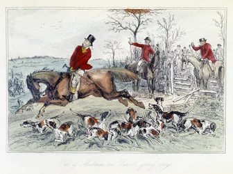 Jagdszene in „Die Abenteuer von Thomas Scott“, Illustration von H.K. Browne und W.T. Maud; Englische Karikatur über die Fuchsjagd.