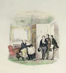 Mr. Pickwick wird von seinen Freunden mit Mrs. Bardell in seinen Armen gefunden, Illustration aus 
