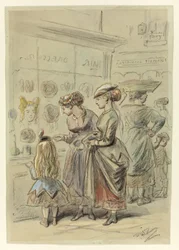 Zwei Damen und ein kleines Mädchen vor dem Friseurladen